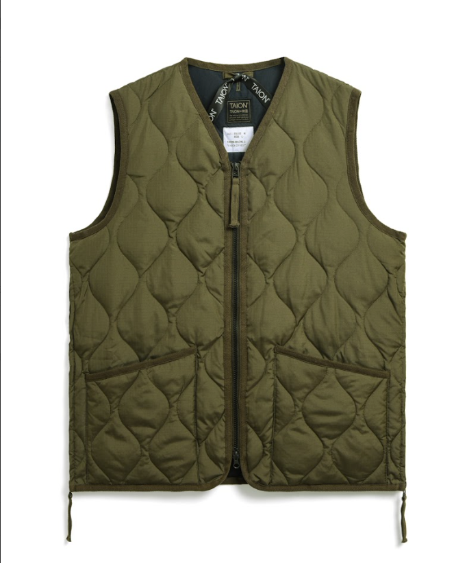 Military Zip V-Neck Down Vest - Dark Olive