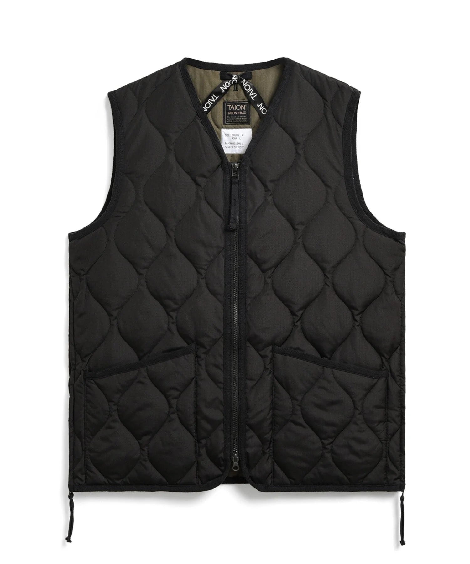 Military Zip V-Neck Down Vest - Black