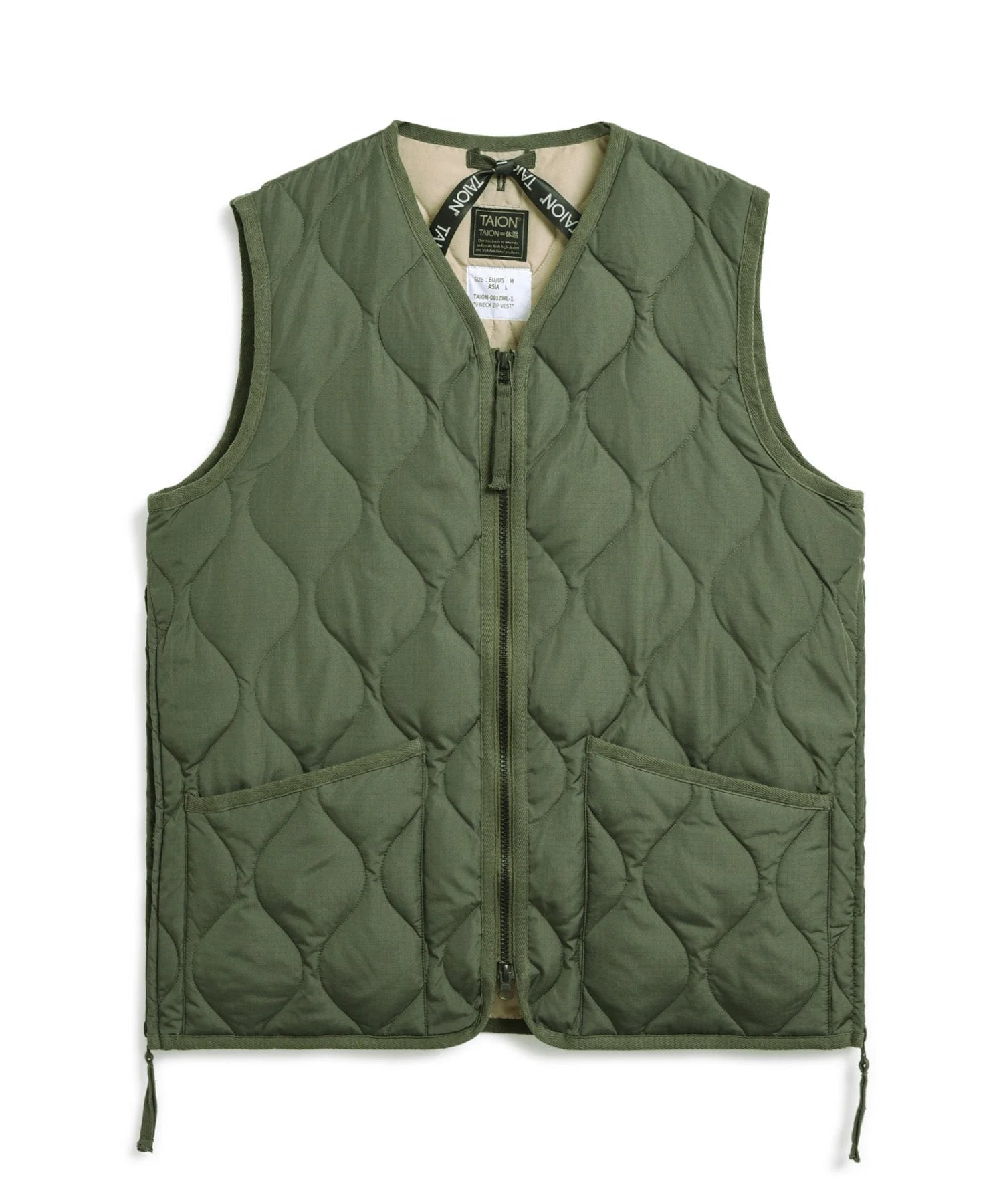 Military Zip V-Neck Down Vest - Olive
